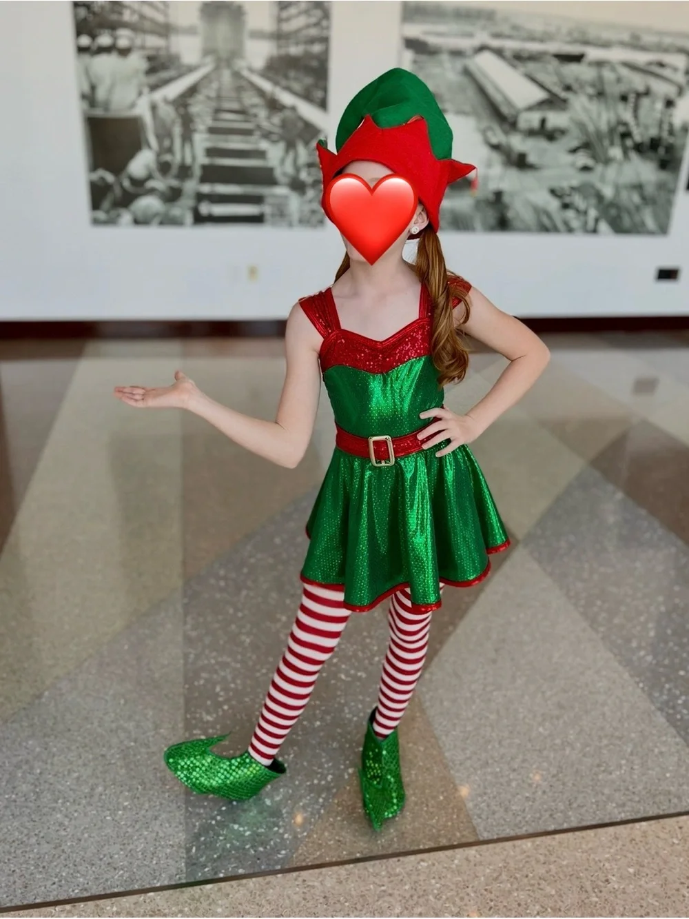 Girls Green & Red Elf Dance Costume Dress with Hat and Shoe Covers